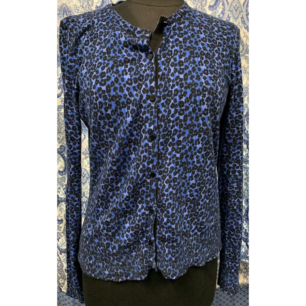 ANN TAYLOR L Large Blue Black Leopard Print Long Sleeve Thin Cardigan Sweater